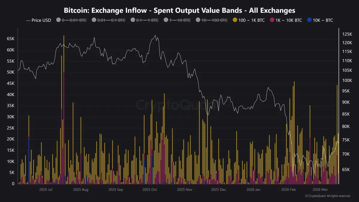 數據：持有100枚以上BTC的巨鯨昨日向交易所轉入超4.4萬枚BTC