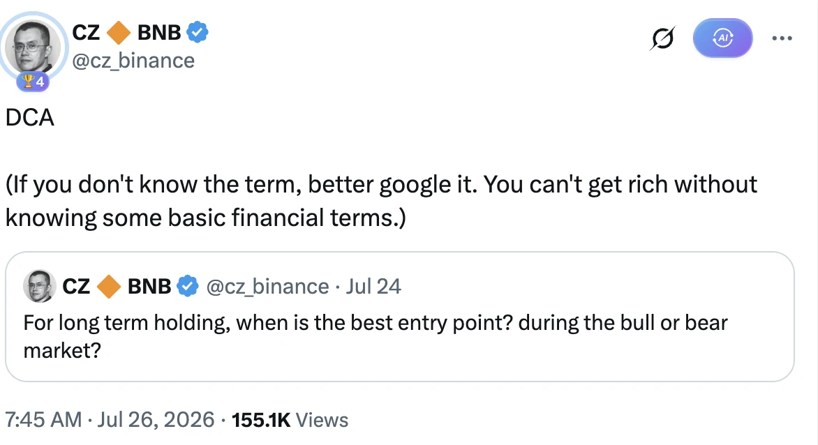 CZ on Long-Term Investing: Consider Using the DCA Strategy